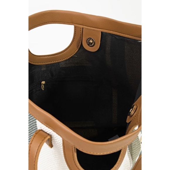 SOLD OUT Ivory Tan Beige Striped Faux Leather Trim Tote Bag - Picture 2 of 2